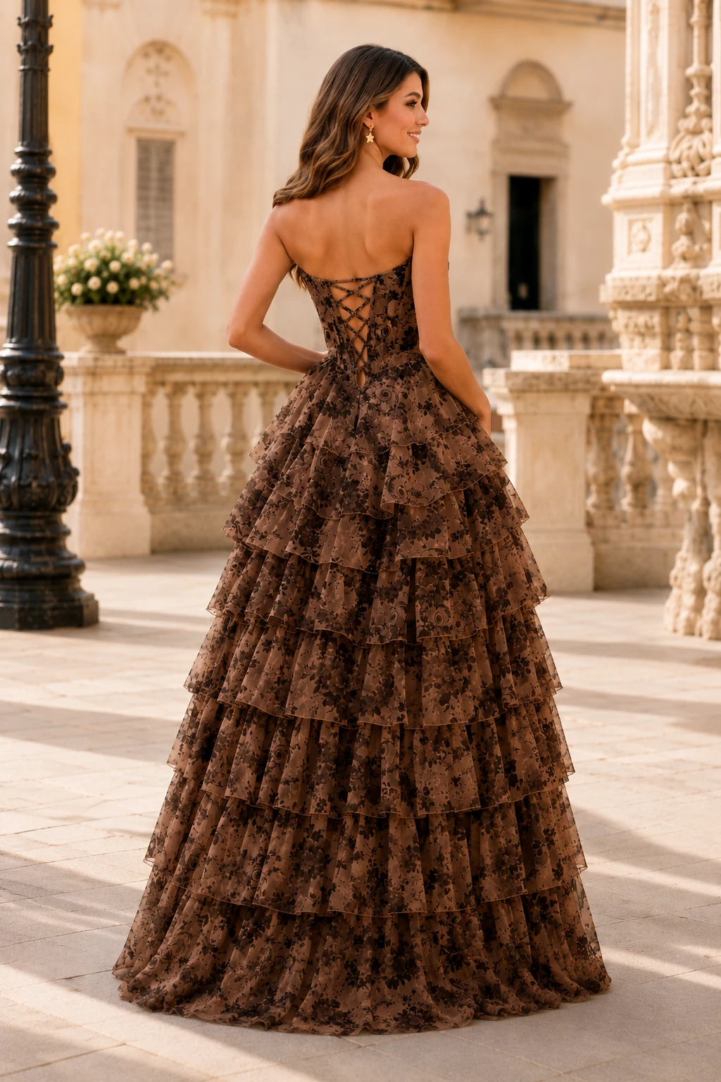 Genevieve Floral Sweetheart Tiered A-Line Prom Dress in Black Floral prom gown, back view