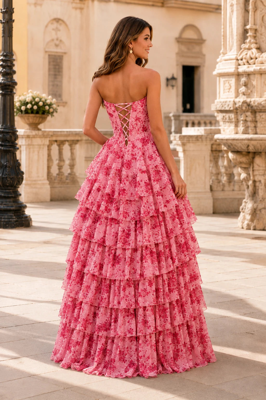 Genevieve Floral Sweetheart Tiered A-Line Prom Dress in Emerald Green Floral prom gown, back view