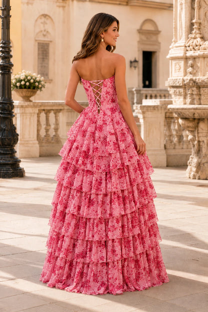 Genevieve Floral Sweetheart Tiered A-Line Prom Dress in Emerald Green Floral prom gown, back view