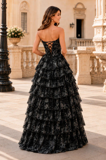 Genevieve Floral Sweetheart Tiered A-Line Prom Dress in Hot Pink Floral prom gown, back view