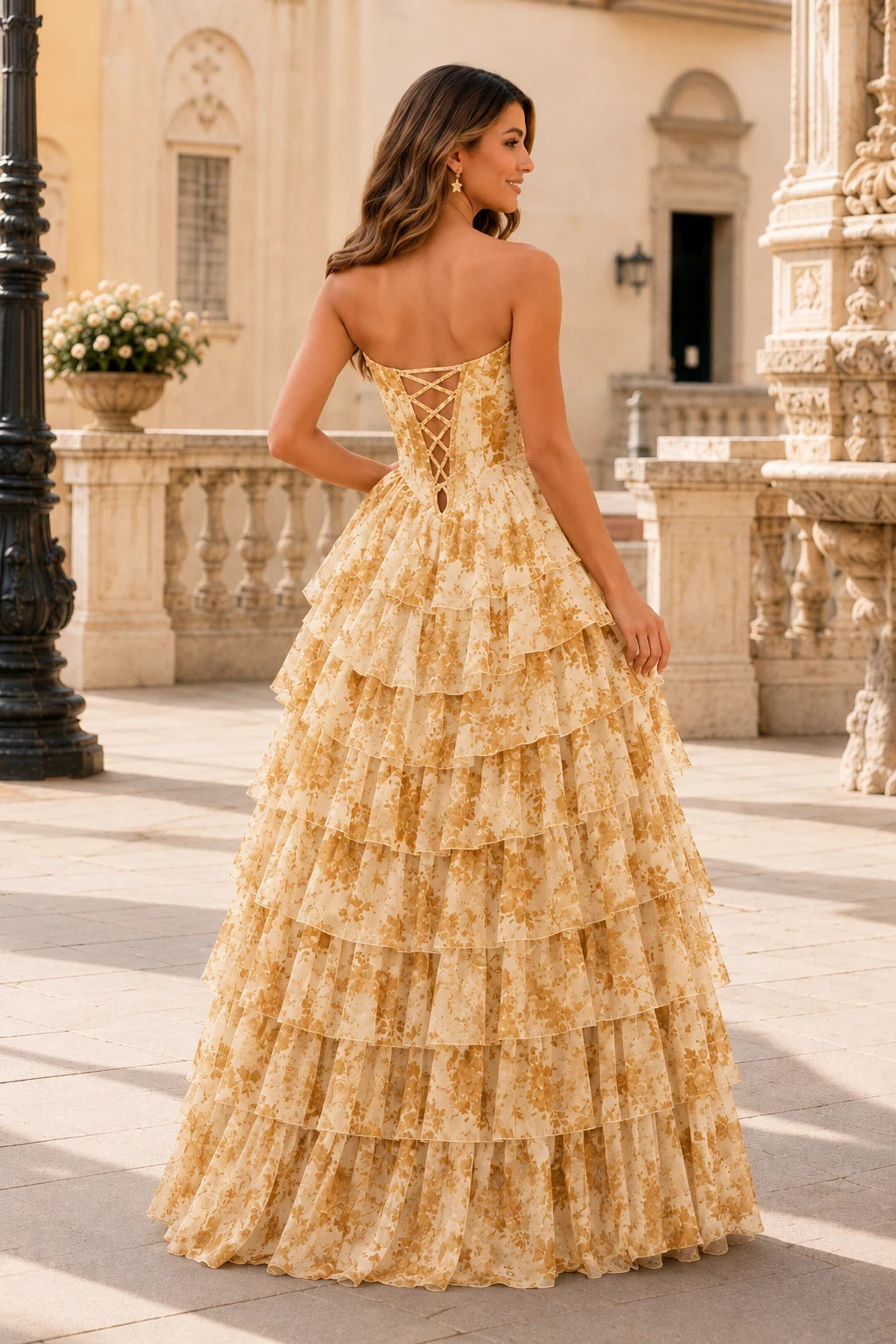 Genevieve Floral Sweetheart Tiered A-Line Prom Dress in Lavender Floral prom gown, back view