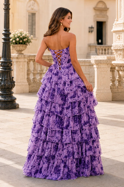 Genevieve Floral Sweetheart Tiered A-Line Prom Dress in Lavender Floral prom gown, front view