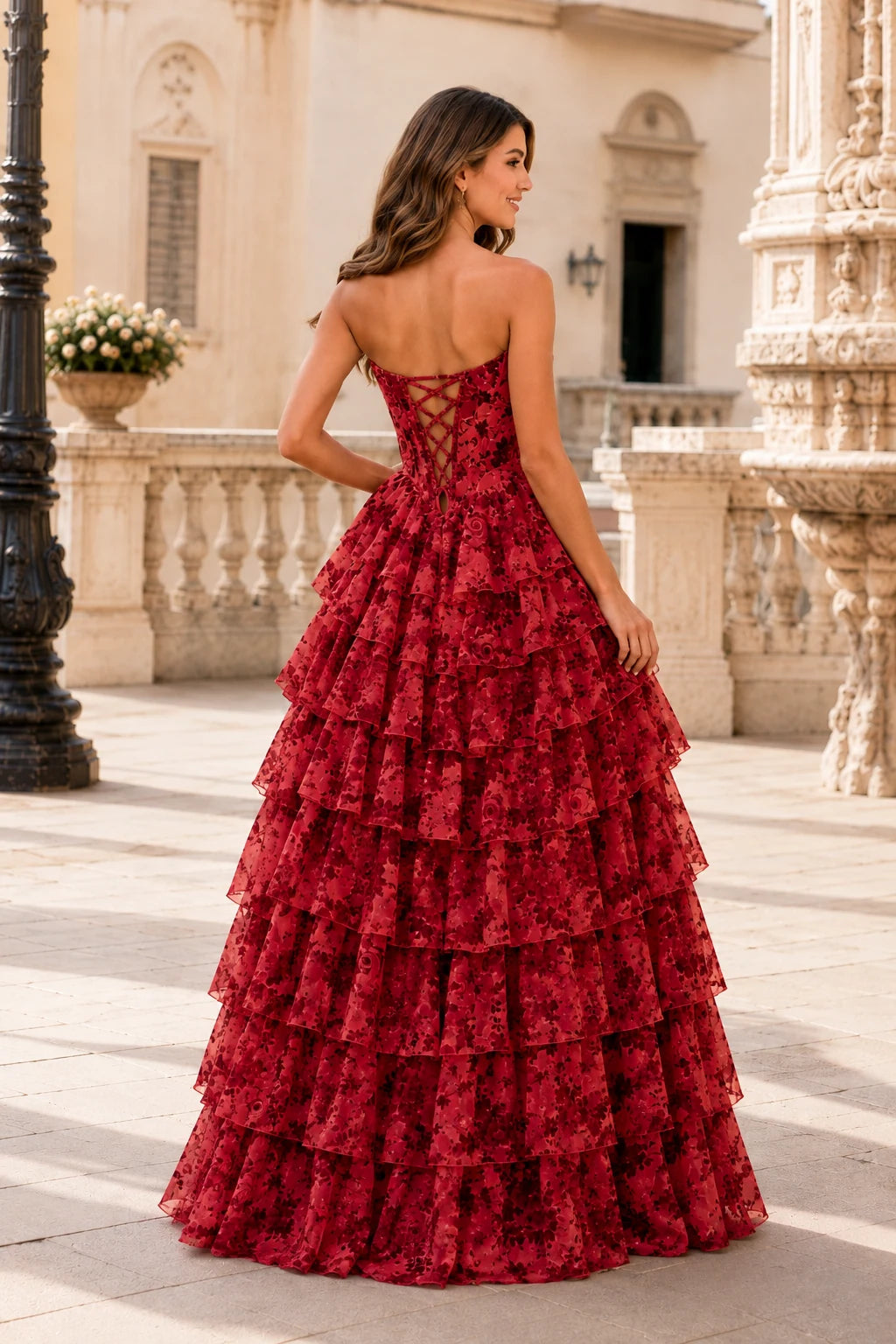 Genevieve Floral Sweetheart Tiered A-Line Prom Dress in Purple Floral prom gown, back view