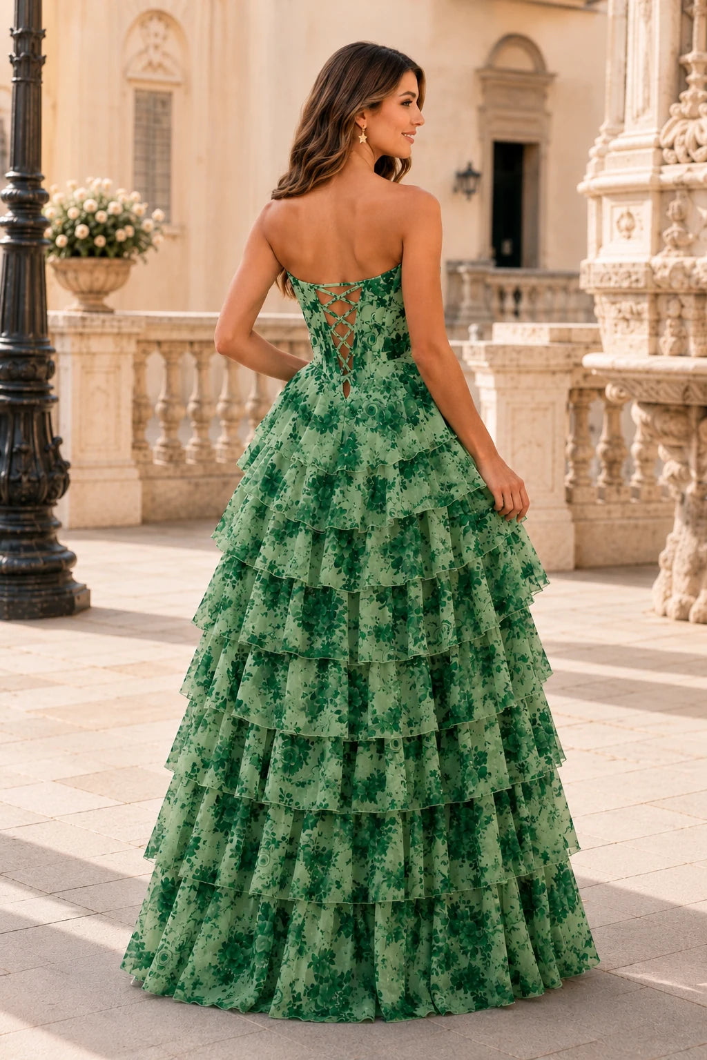 Genevieve Floral Sweetheart Tiered A-Line Prom Dress in Teal Floral prom gown, front view