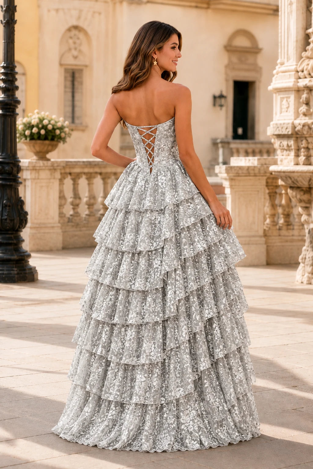 Genevieve Floral Sweetheart Tiered A-Line Prom Dress in Wine Floral prom gown, back view