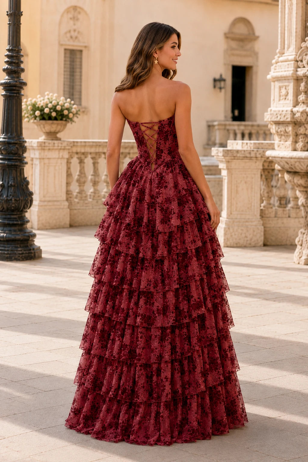 Genevieve Floral Sweetheart Tiered A-Line Prom Dress in Wine Floral prom gown, front view
