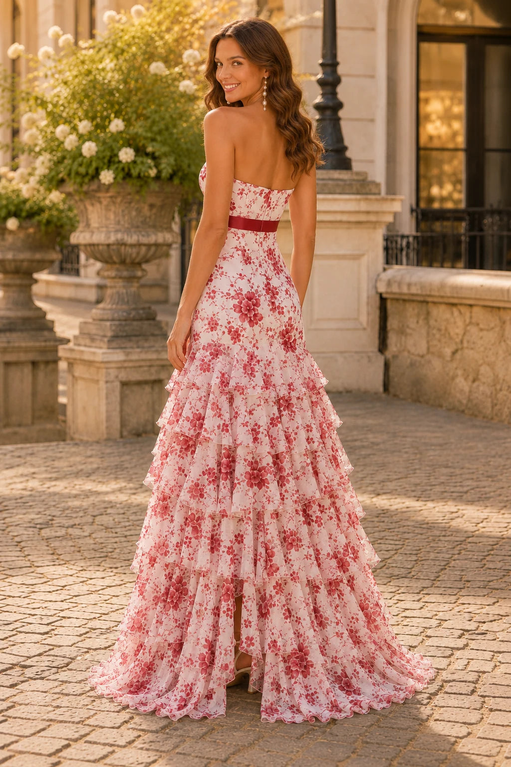 Alalina Floral Strapless Ruffle-Skirt A-Line Prom Dress in Black Floral prom gown, back view