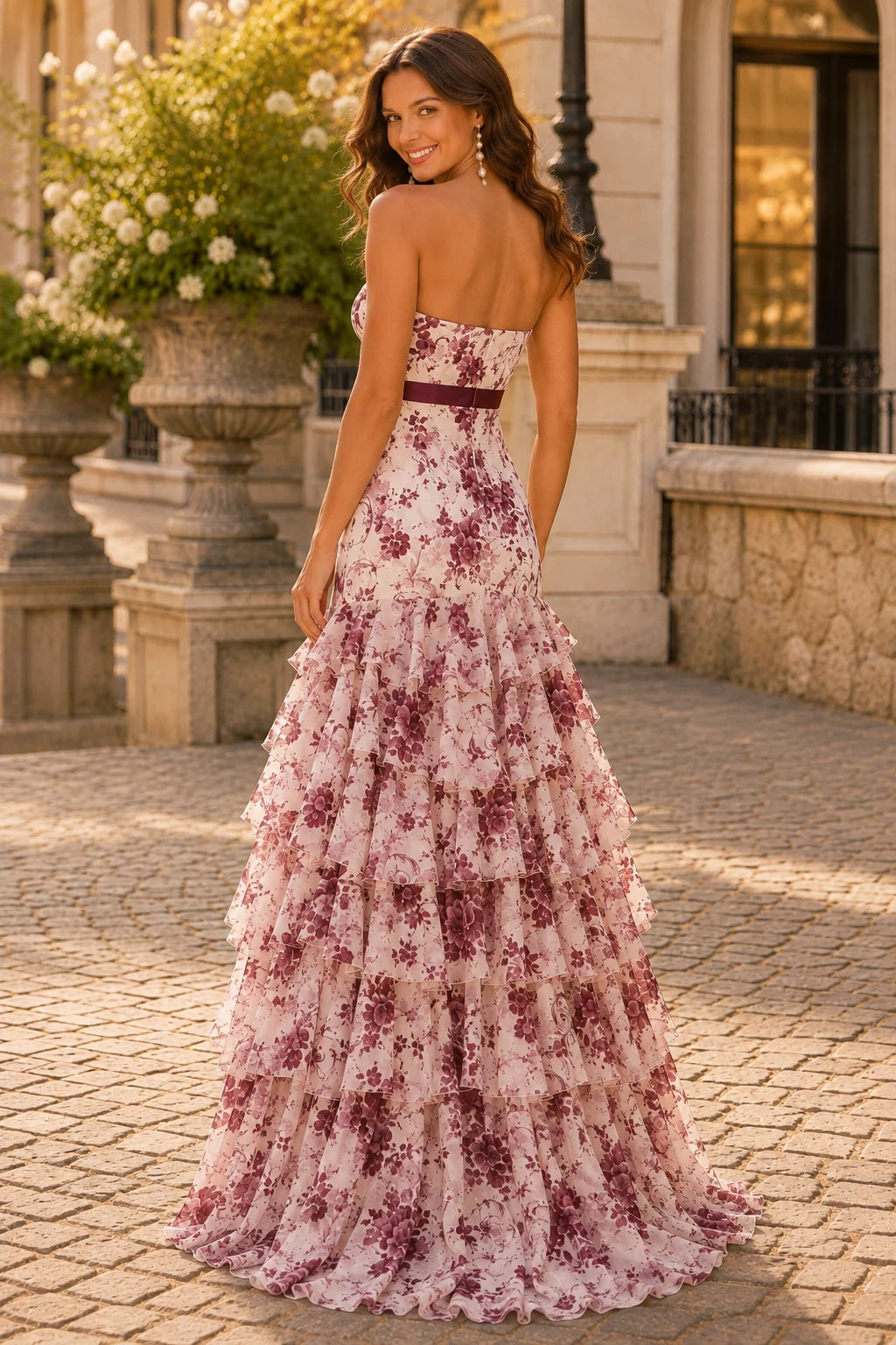 Alalina Floral Strapless Ruffle-Skirt A-Line Prom Dress in Blush Floral prom gown, front view