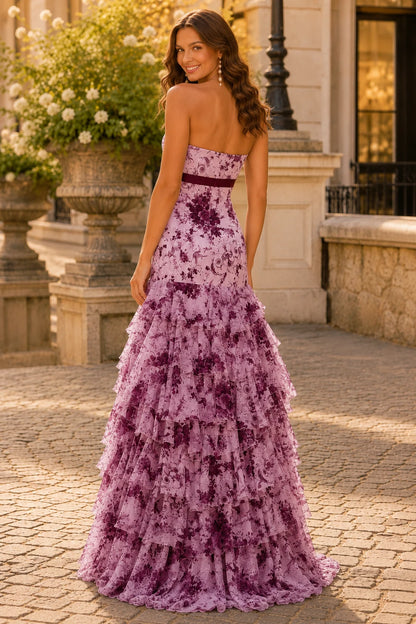 Alalina Floral Strapless Ruffle-Skirt A-Line Prom Dress in Burgundy Floral prom gown, back view