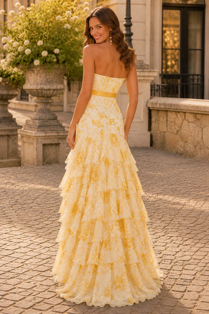 Alalina Floral Strapless Ruffle-Skirt A-Line Prom Dress in Coral Floral prom gown, back view