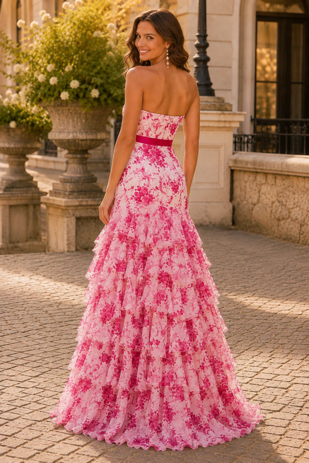 Alalina Floral Strapless Ruffle-Skirt A-Line Prom Dress in Coral Floral prom gown, front view