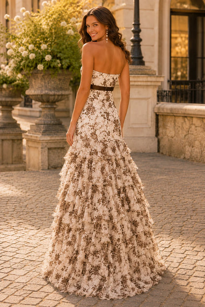 Alalina Floral Strapless Ruffle-Skirt A-Line Prom Dress in Green Floral prom gown, back view