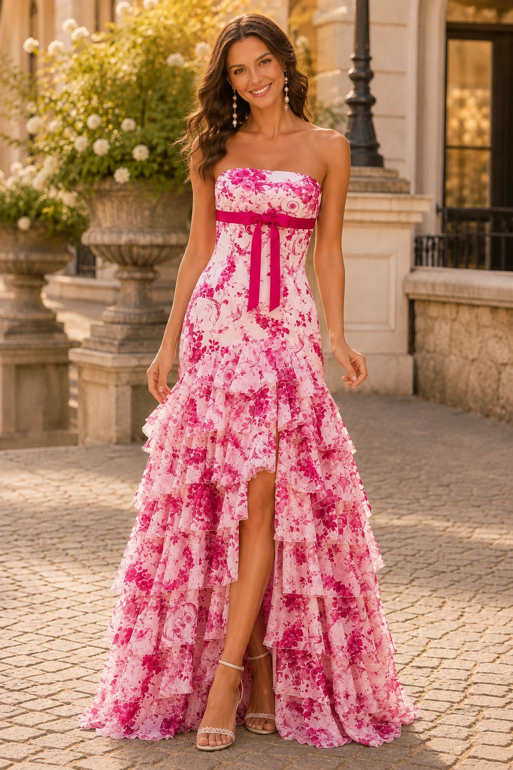 Alalina Floral Strapless Ruffle-Skirt A-Line Prom Dress in Hot Pink Floral prom gown, front view