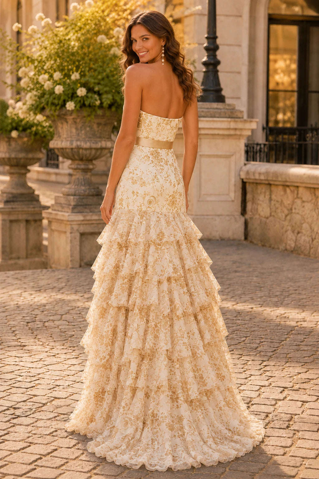 Alalina Floral Strapless Ruffle-Skirt A-Line Prom Dress in Lavender Floral prom gown, back view