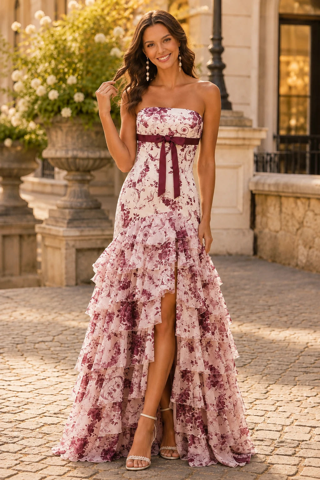 Alalina Floral Strapless Ruffle-Skirt A-Line Prom Dress in Pink Floral prom gown, front view
