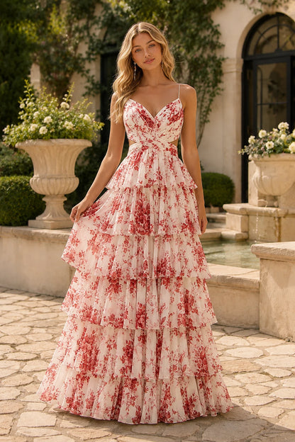 Alabelle Floral V-Neck Tiered A-Line Prom Dress in Blush Floral prom gown, front view