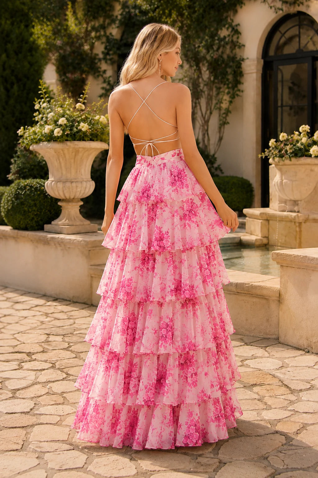 Alabelle Floral V-Neck Tiered A-Line Prom Dress in Hot Pink Floral prom gown, back view