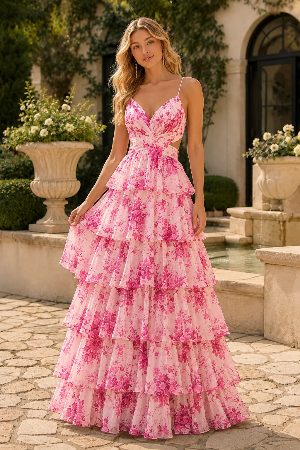 Alabelle Floral V-Neck Tiered A-Line Prom Dress in Hot Pink Floral prom gown, front view