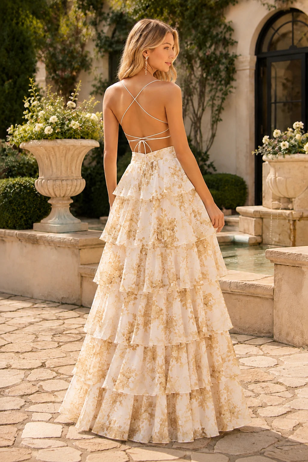 Alabelle Floral V-Neck Tiered A-Line Prom Dress in Ivory Floral prom gown, back view