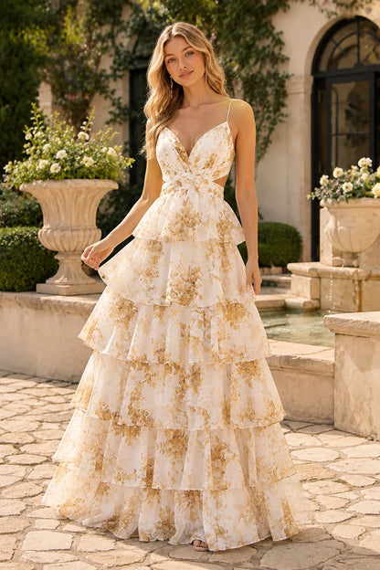 Alabelle Floral V-Neck Tiered A-Line Prom Dress in Ivory Floral prom gown, front view