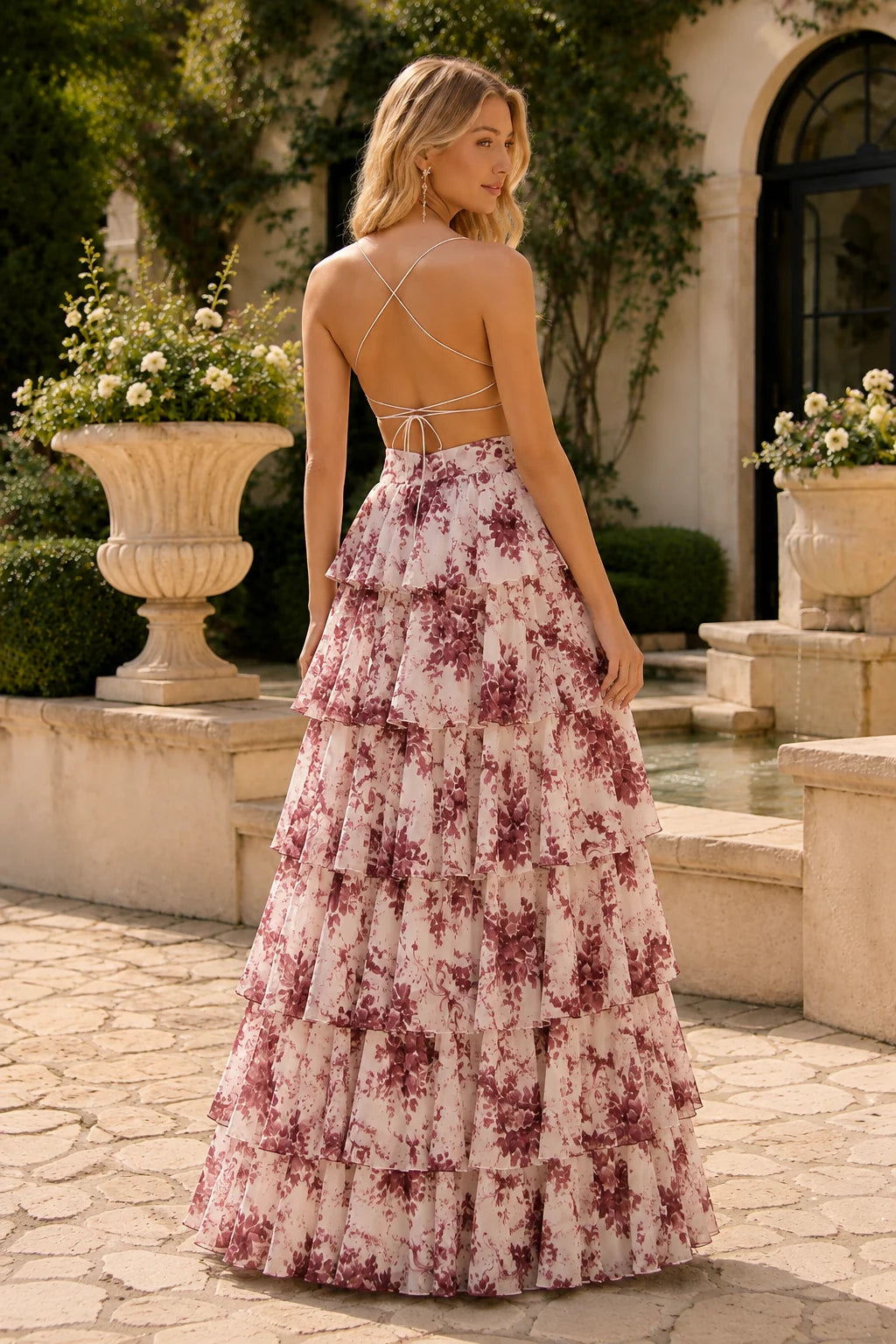 Alabelle Floral V-Neck Tiered A-Line Prom Dress in Pink Floral prom gown, back view