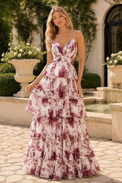 Alabelle Floral V-Neck Tiered A-Line Prom Dress in Pink Floral prom gown, front view