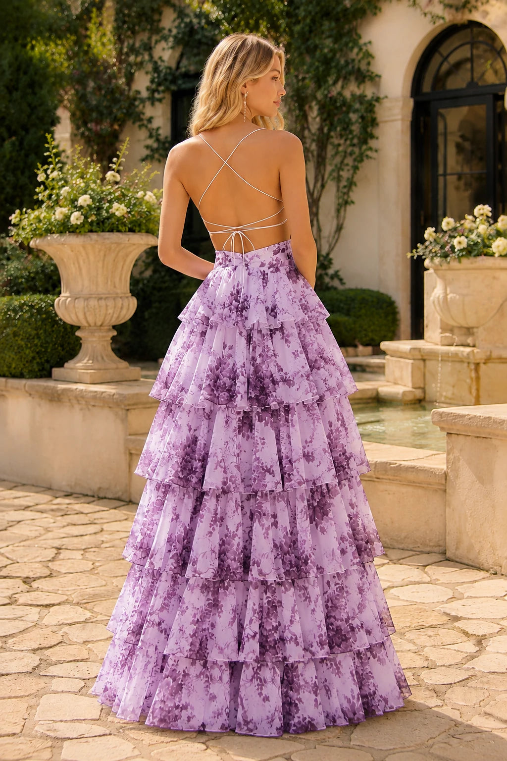 Alabelle Floral V-Neck Tiered A-Line Prom Dress in Purple Floral prom gown, back view