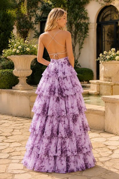 Alabelle Floral V-Neck Tiered A-Line Prom Dress in Purple Floral prom gown, back view