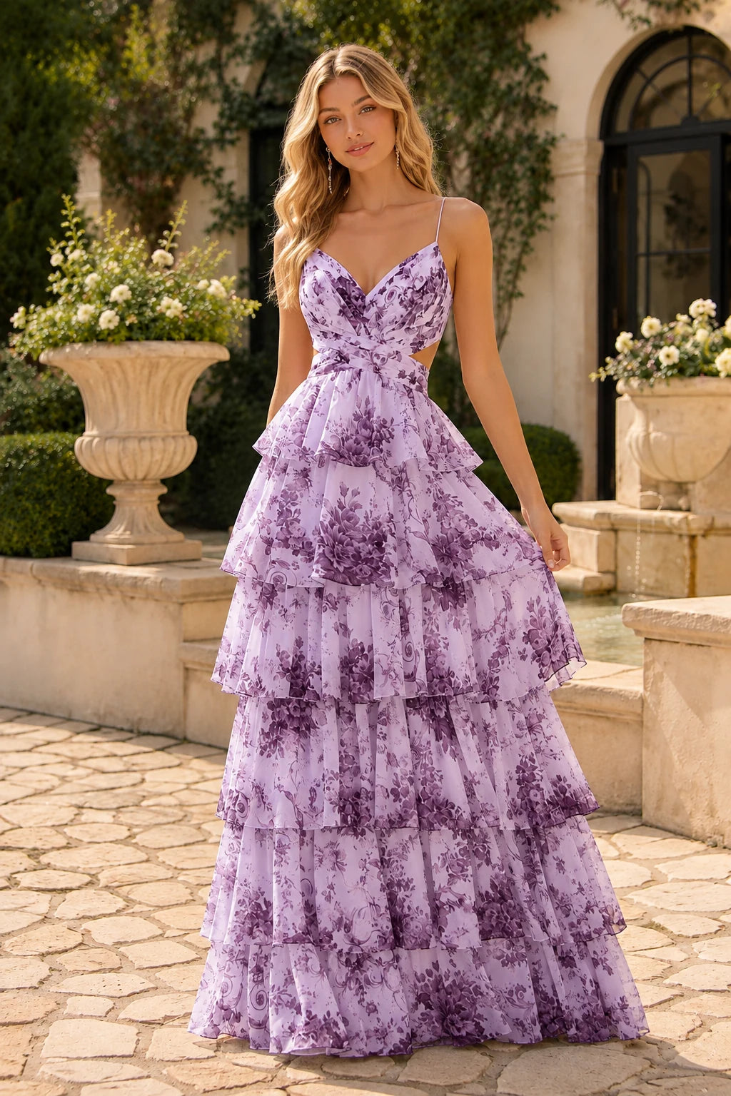 Alabelle Floral V-Neck Tiered A-Line Prom Dress in Purple Floral prom gown, front view