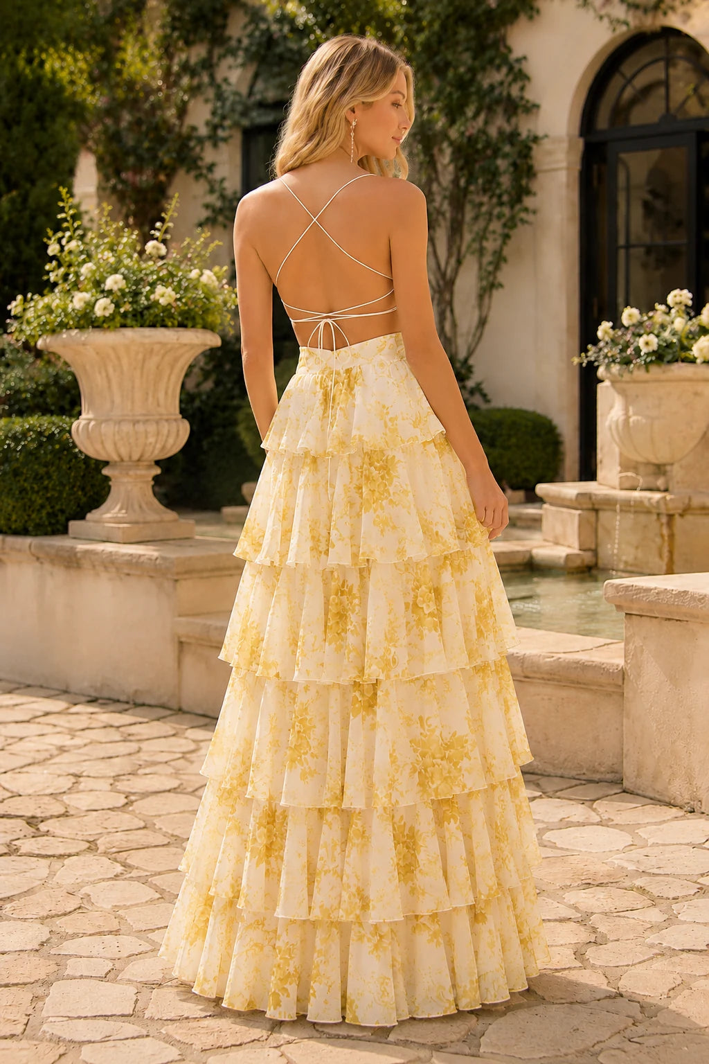 Alabelle Floral V-Neck Tiered A-Line Prom Dress in Yellow Floral prom gown, back view