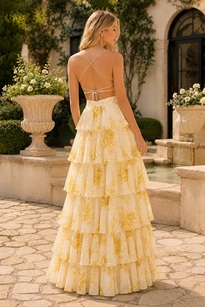 Alabelle Floral V-Neck Tiered A-Line Prom Dress in Yellow Floral prom gown, back view