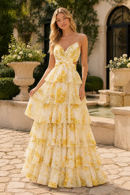 Alabelle Floral V-Neck Tiered A-Line Prom Dress in Yellow Floral prom gown, front view
