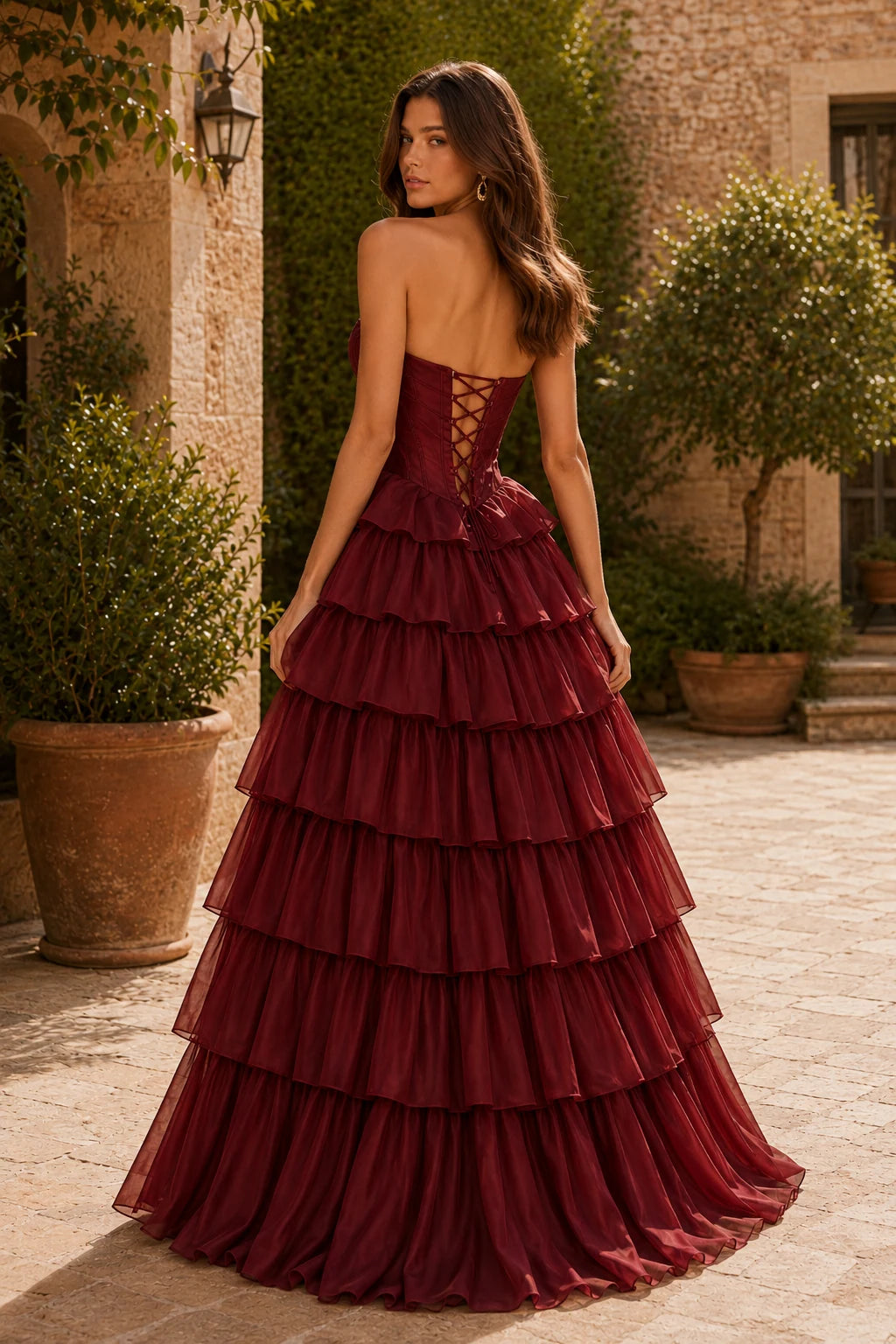 Evangeline Print Sweetheart Tiered A-Line Prom Dress in Emerald Green prom gown, back view