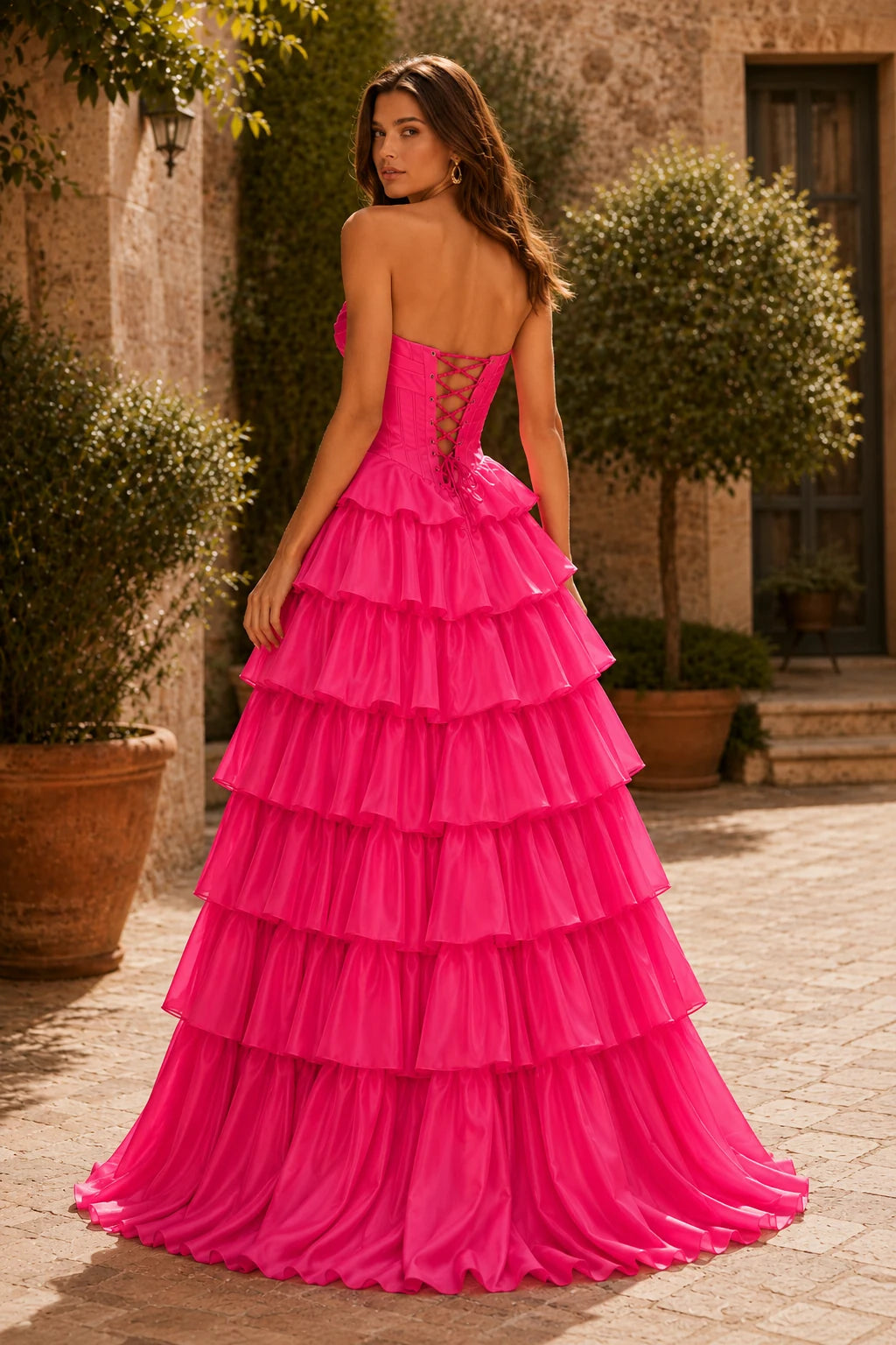 Evangeline Print Sweetheart Tiered A-Line Prom Dress in Hot Pink prom gown, back view