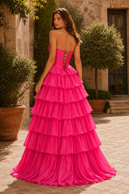 Evangeline Print Sweetheart Tiered A-Line Prom Dress in Hot Pink prom gown, back view