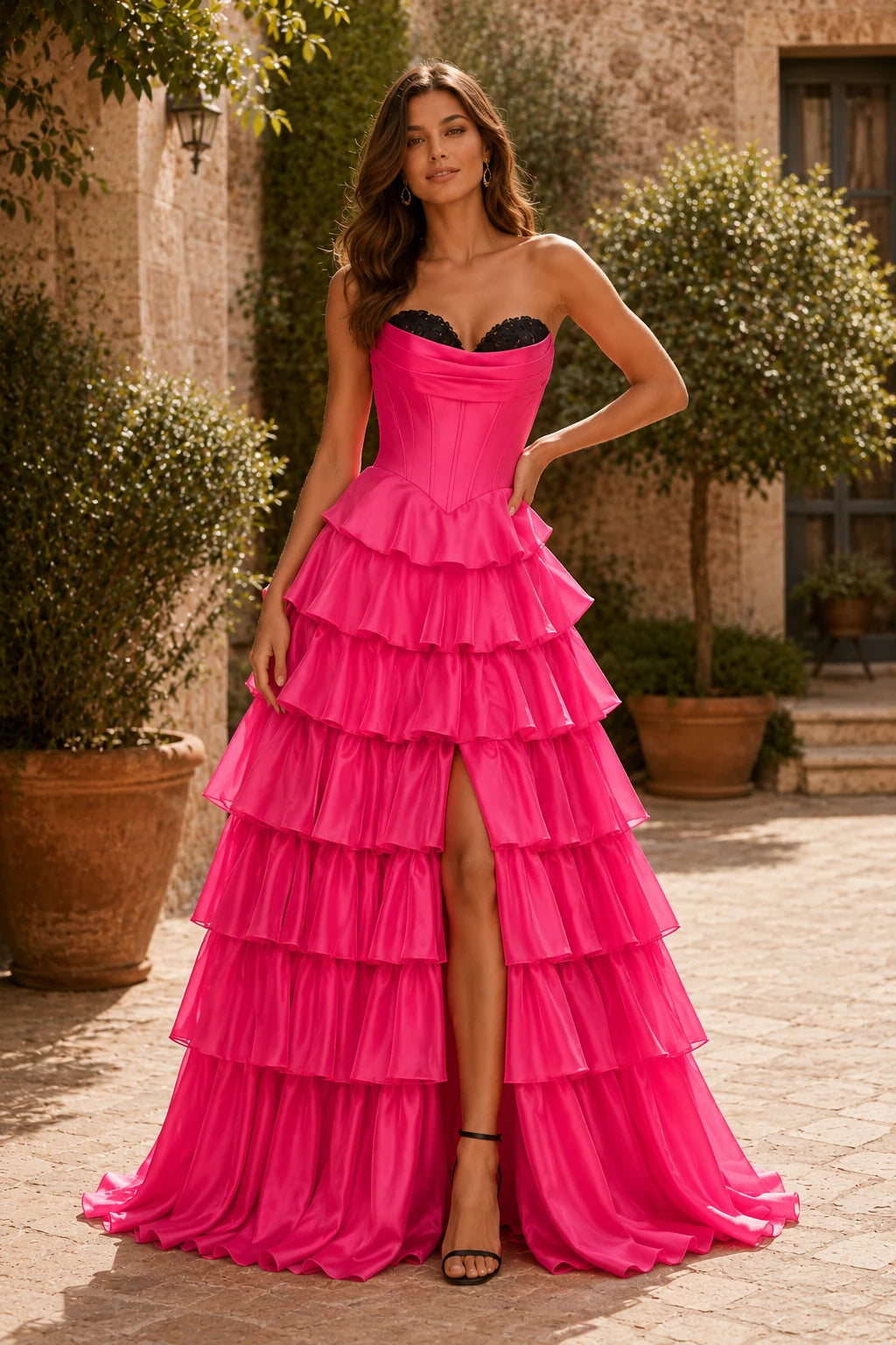 Evangeline Print Sweetheart Tiered A-Line Prom Dress in Hot Pink prom gown, front view
