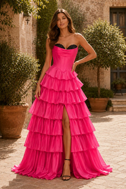 Evangeline Print Sweetheart Tiered A-Line Prom Dress in Hot Pink prom gown, front view