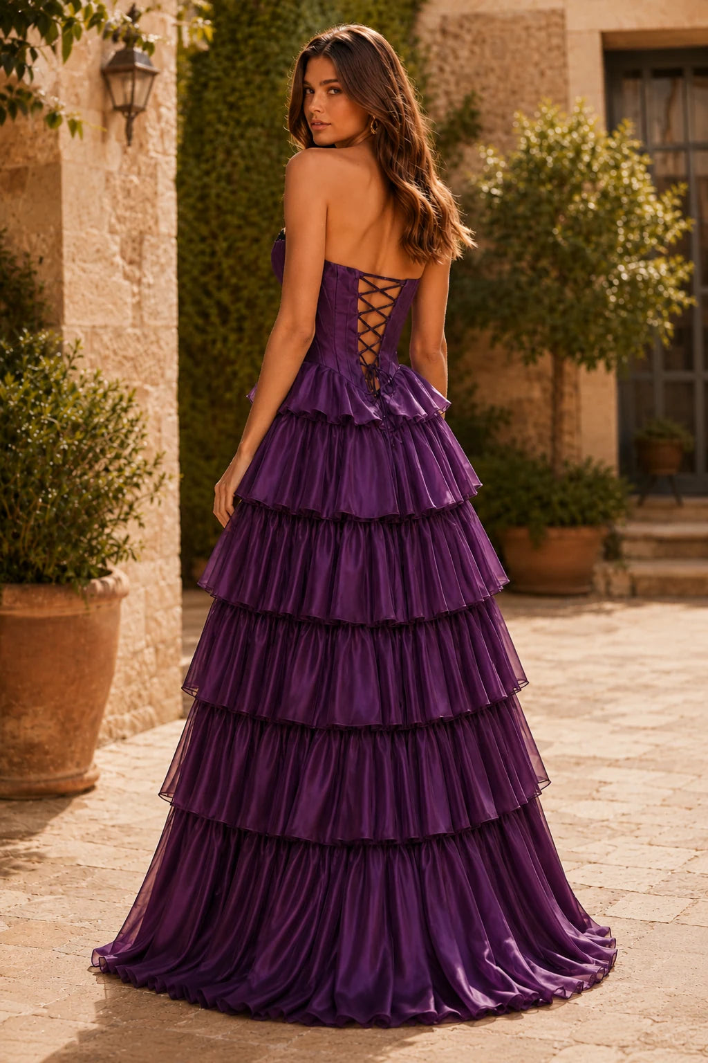 Evangeline Print Sweetheart Tiered A-Line Prom Dress in Purple prom gown, back view