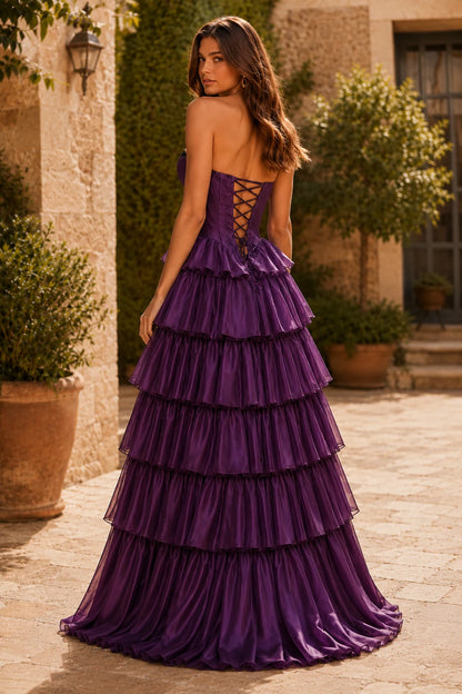 Evangeline Print Sweetheart Tiered A-Line Prom Dress in Purple prom gown, back view