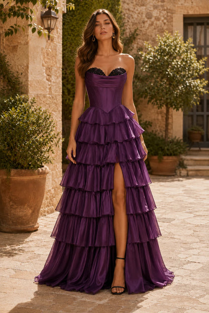 Evangeline Print Sweetheart Tiered A-Line Prom Dress in Purple prom gown, front view