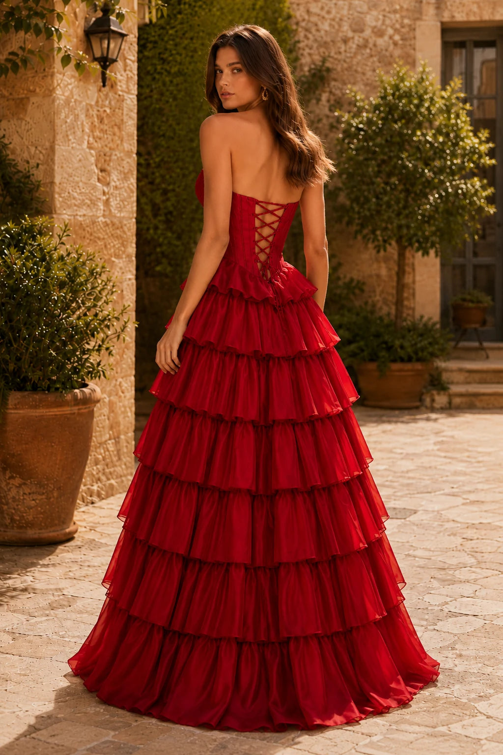 Evangeline Print Sweetheart Tiered A-Line Prom Dress in Red prom gown, back view