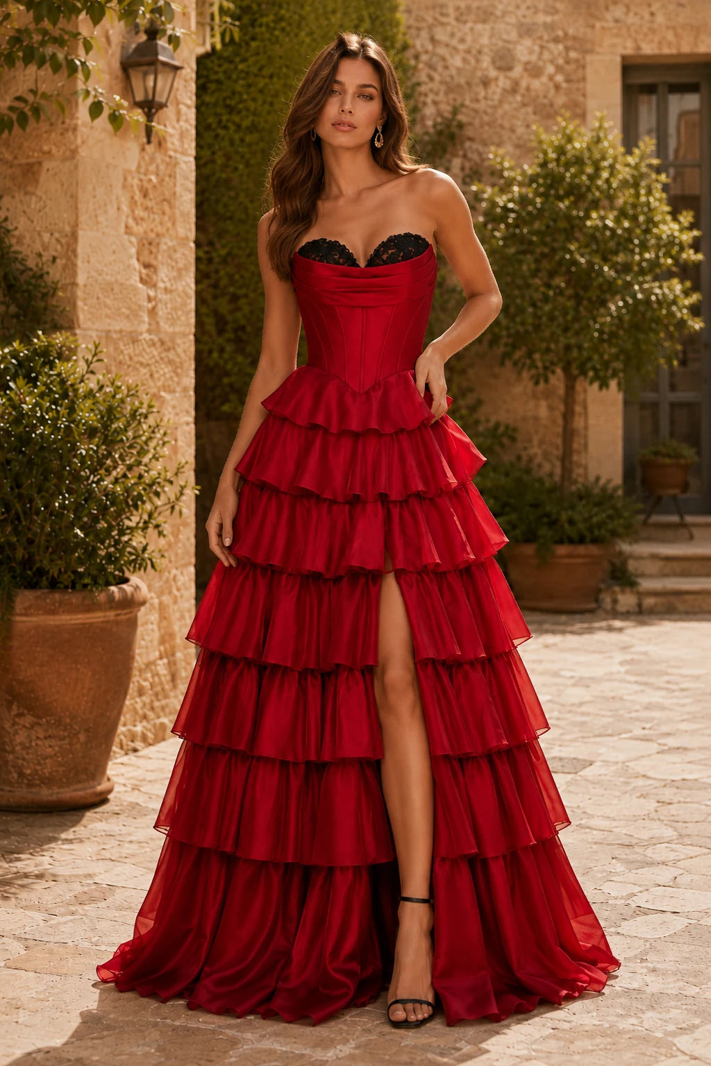 Evangeline Print Sweetheart Tiered A-Line Prom Dress in Red prom gown, front view