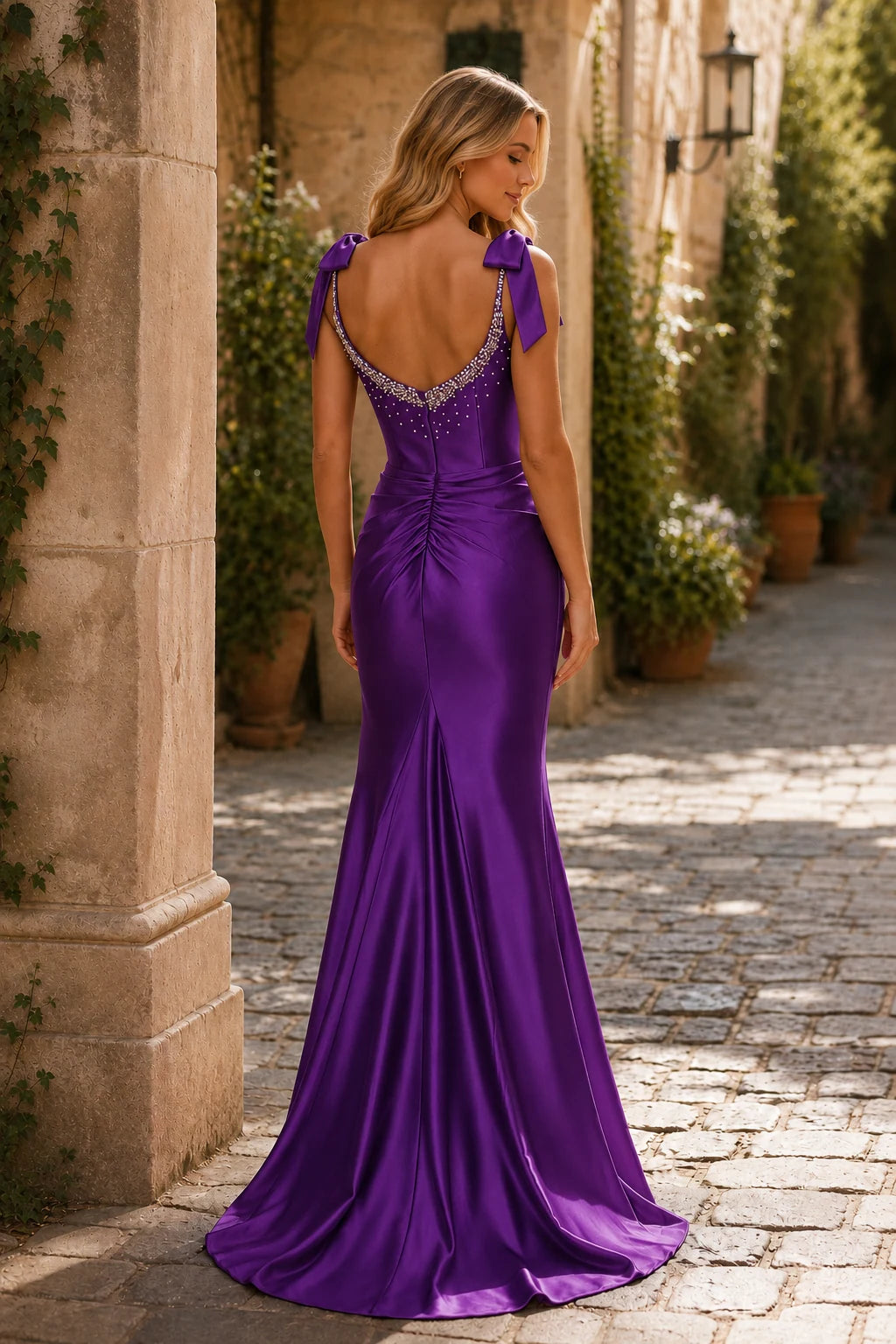 Kaldora One-Shoulder Ruched Mermaid Prom Dress in Champagne prom gown, front view