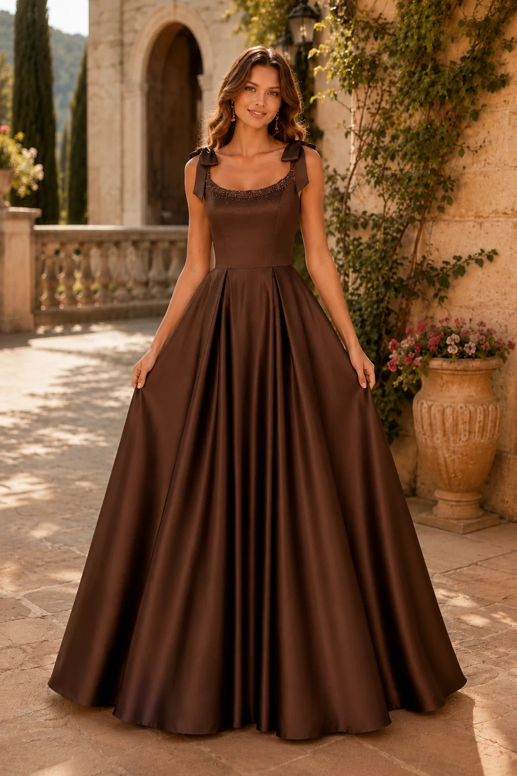 Estthia Light Bow-Shoulder A-Line Prom Dress in Burgundy prom gown, back view