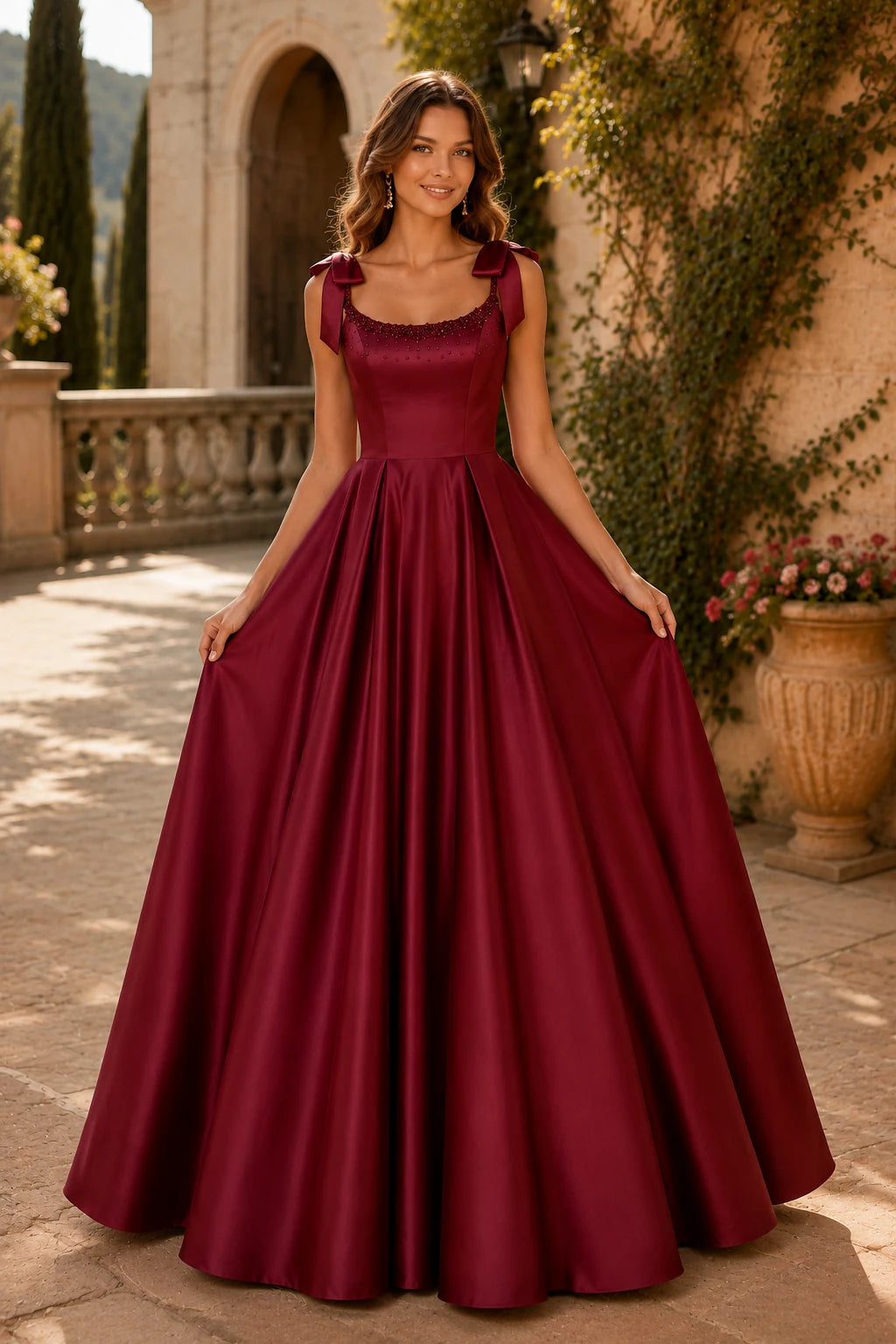 Estthia Light Bow-Shoulder A-Line Prom Dress in Burgundy prom gown, front view