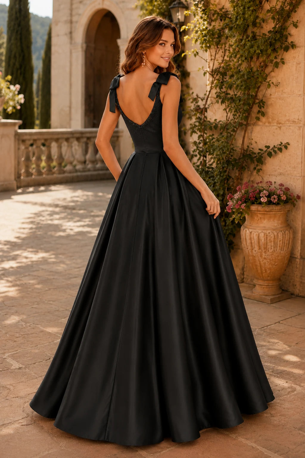 Estthia Light Bow-Shoulder A-Line Prom Dress in Champagne prom gown, back view