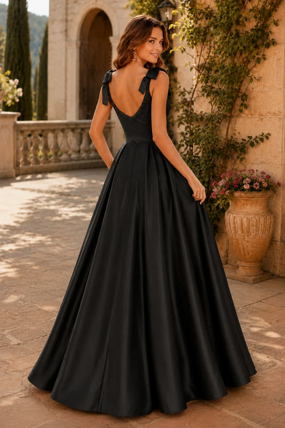 Estthia Light Bow-Shoulder A-Line Prom Dress in Champagne prom gown, back view