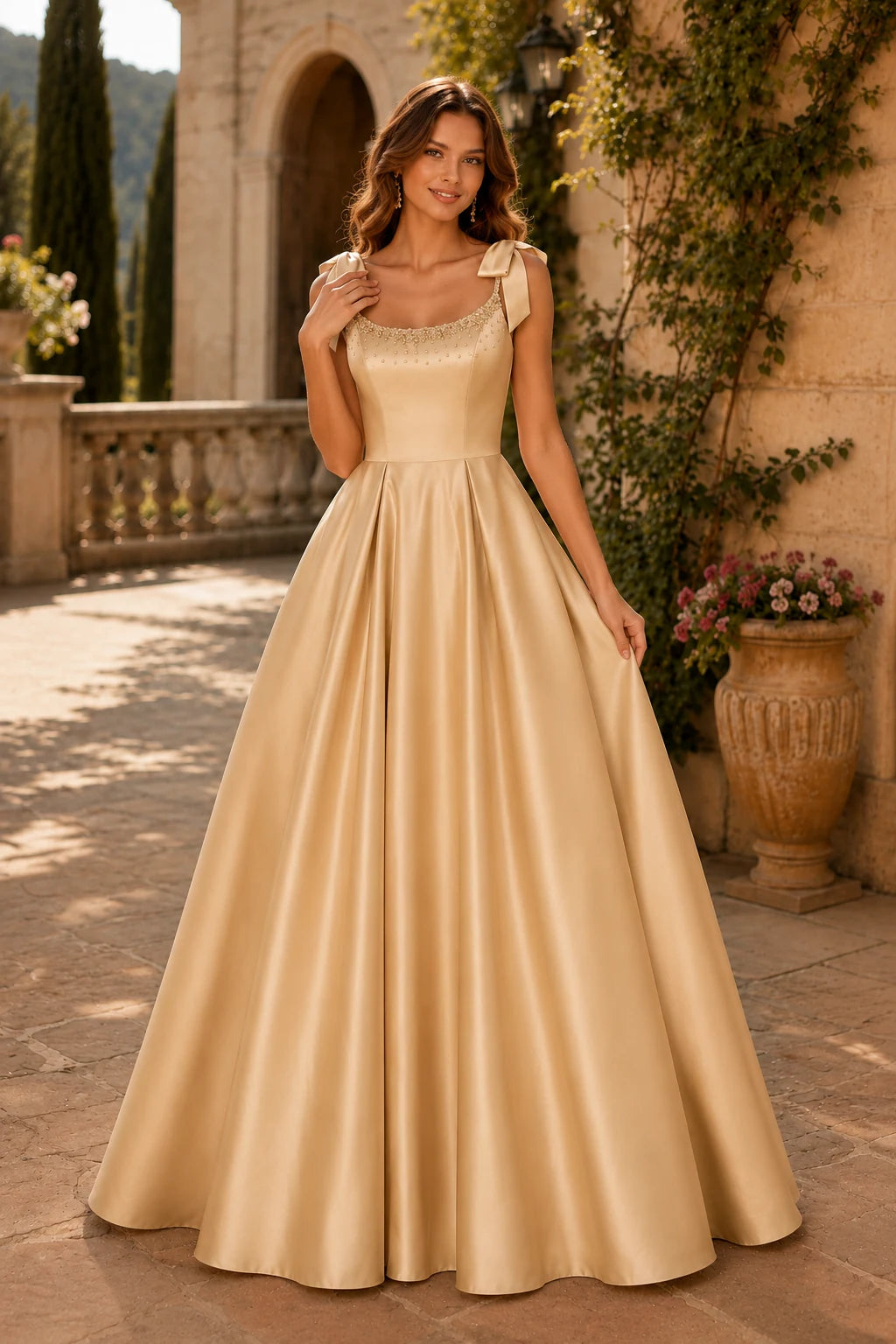 Estthia Light Bow-Shoulder A-Line Prom Dress in Champagne prom gown, front view