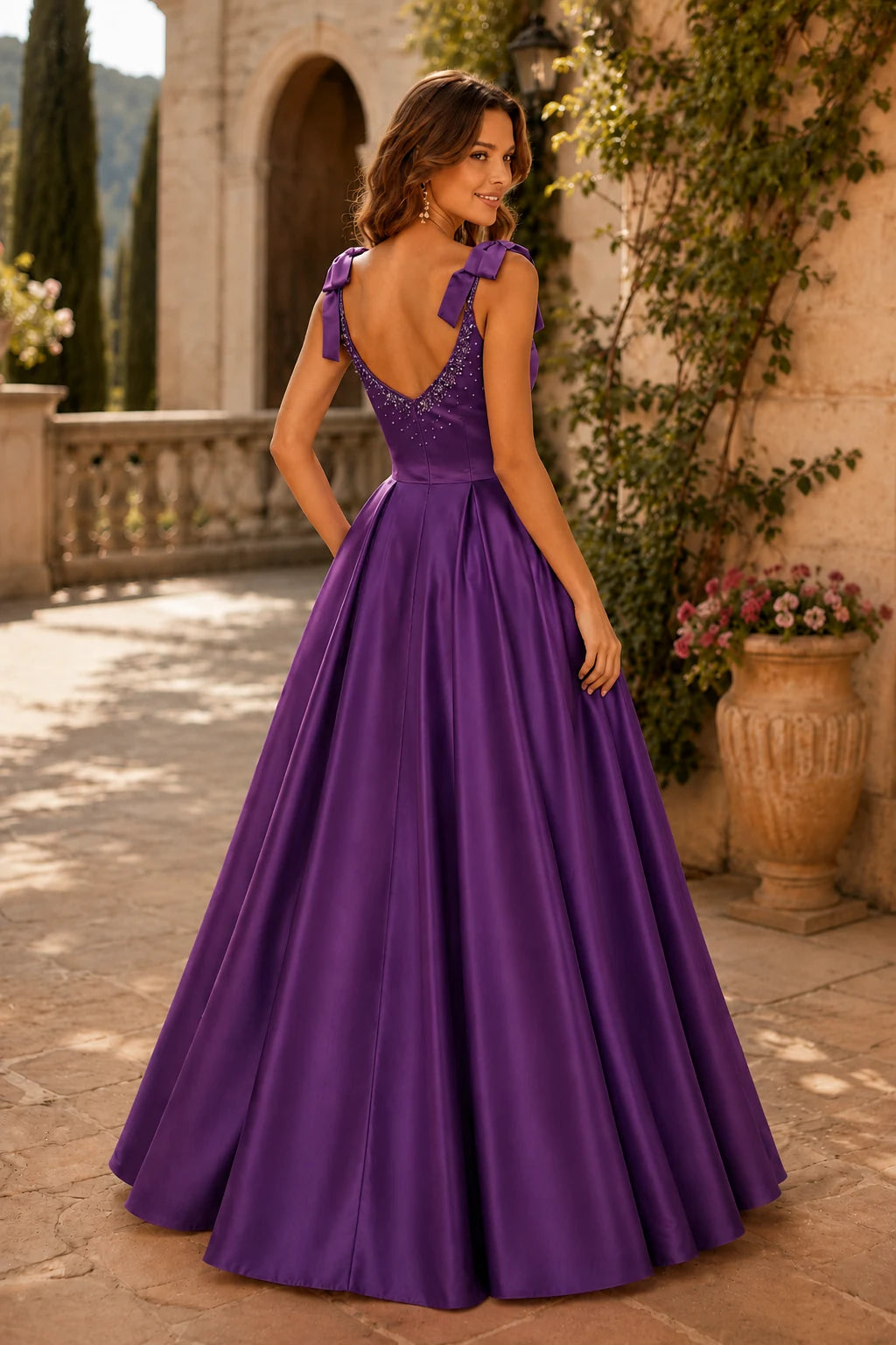 Estthia Light Bow-Shoulder A-Line Prom Dress in Emerald Green prom gown, back view