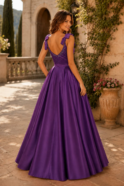 Estthia Light Bow-Shoulder A-Line Prom Dress in Emerald Green prom gown, back view